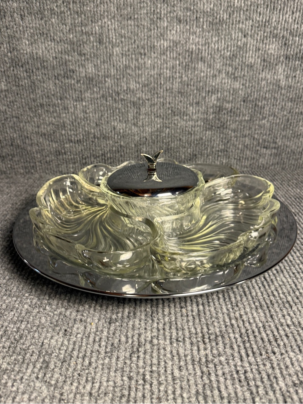Vintage Kormex Clear Glass Lazy Susan Divided Serving Tray with Silver Lid